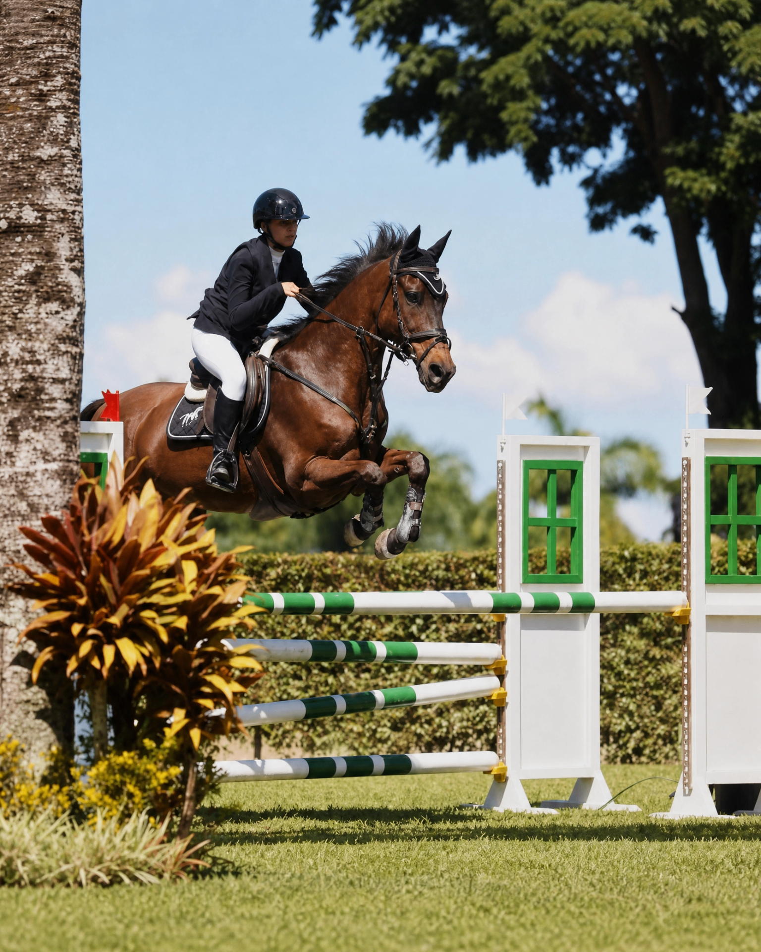 Amazona em salto sobre obstáculo verde ao ar livre
